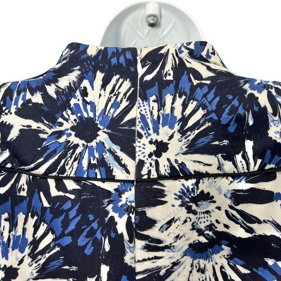 Theia Blue White Black Floral Faux Button Front Mandarin Collar Sheath Dress 2 - Picture 10 of 13